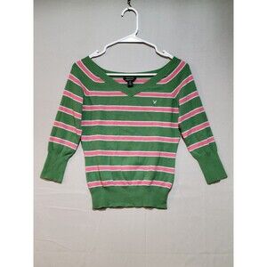 American Eagle Outfitters Womens S Green/Pink Striped V Neck Sweater 3/4 Sleeve
